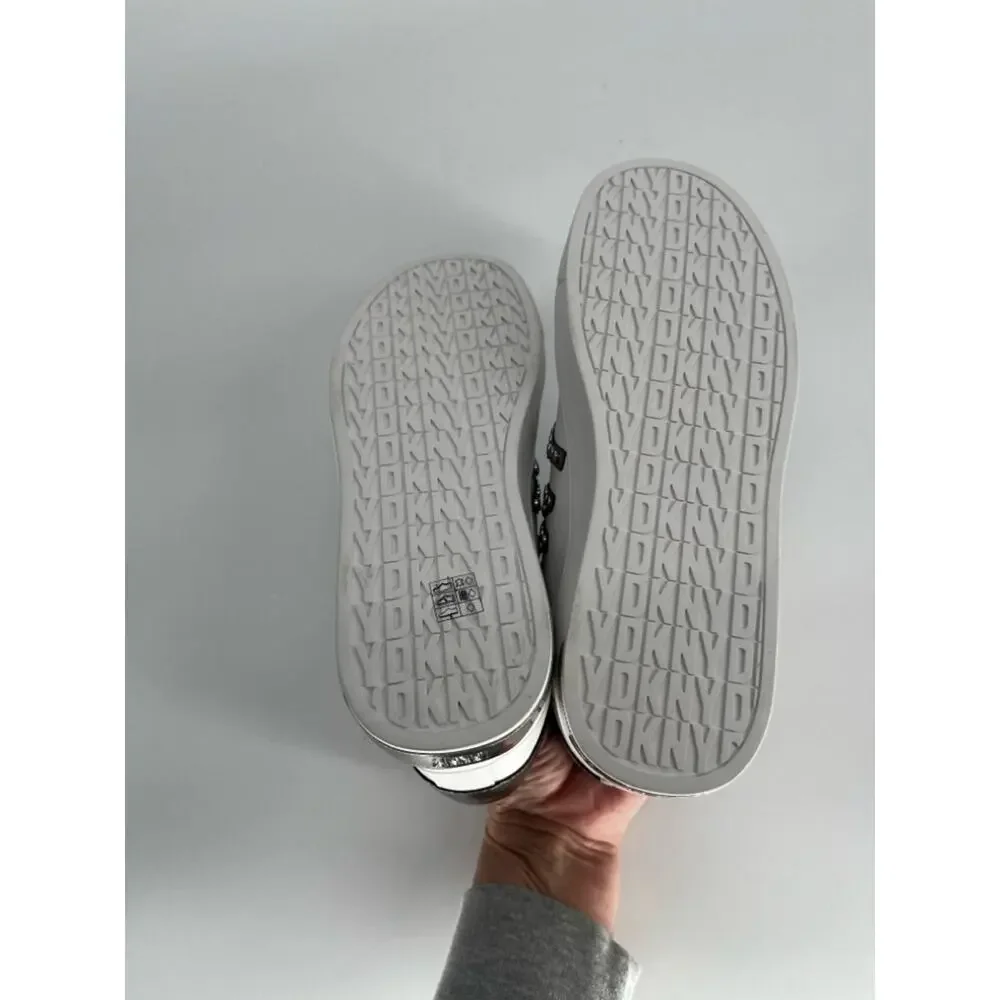 DKNY Abeni Sneakers Logo Detail Lace Up White Silver - Size 8.5M